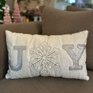 Silver and White Holiday “Joy” Pillow